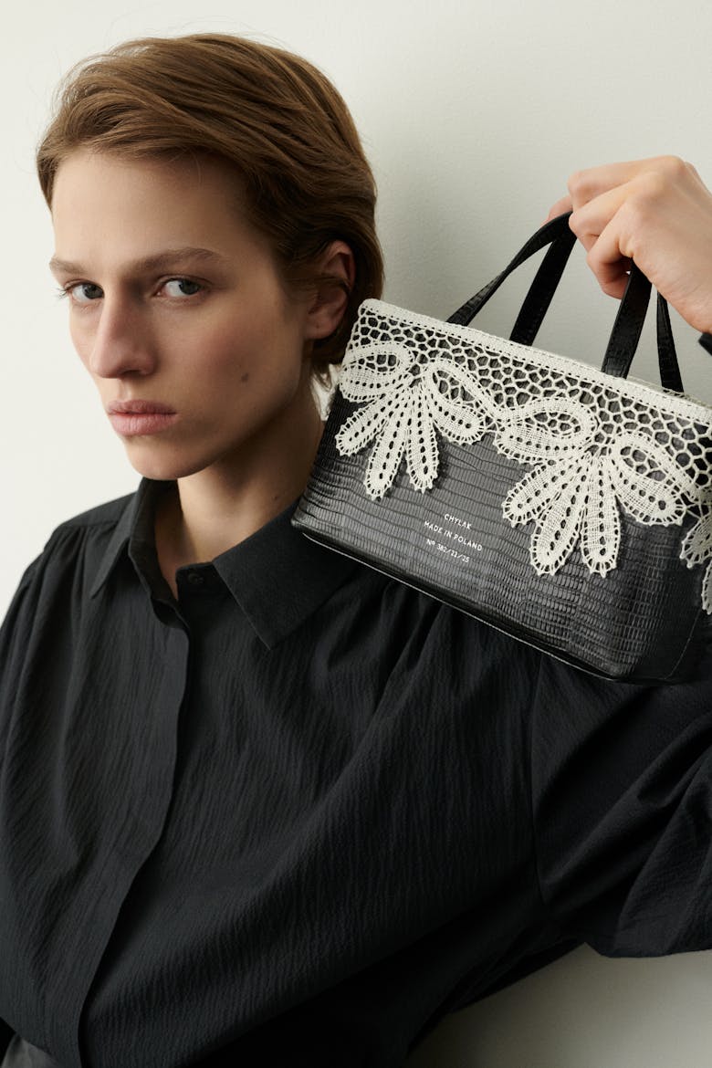 Handbag with Lace Overlay