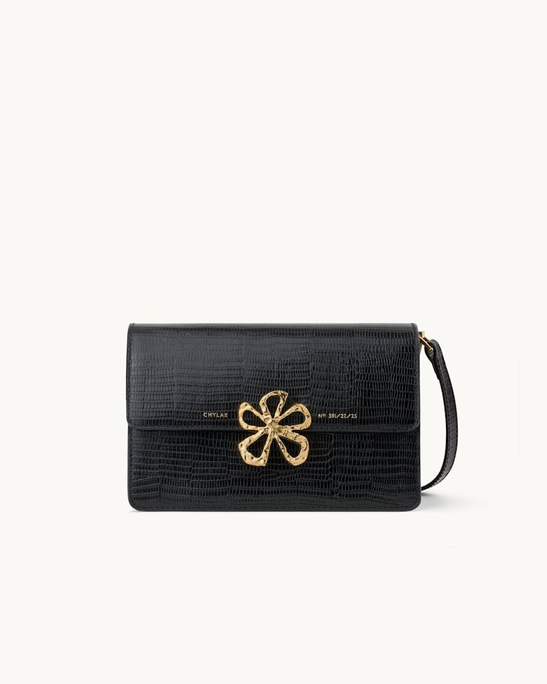 Shoulder Bag with Flower Buckle “black lizard”