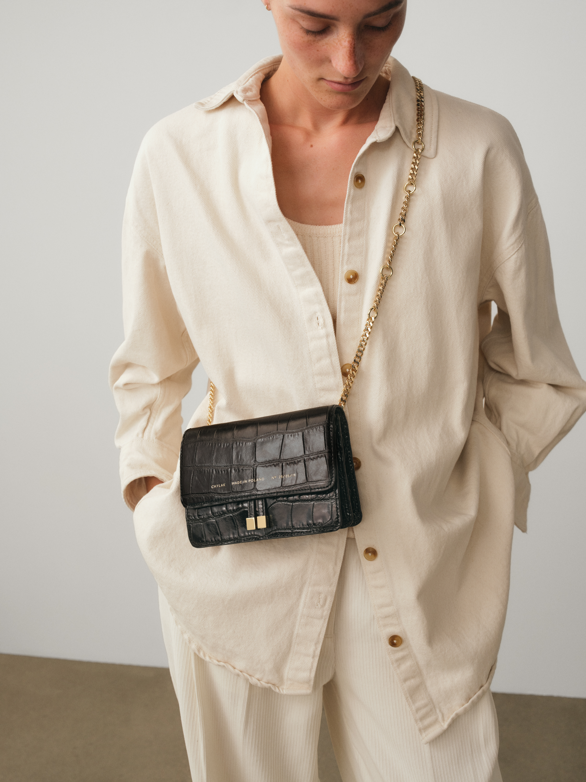 Mini Belt Bag “glossy black crocodile” + Golden chain - Chylak