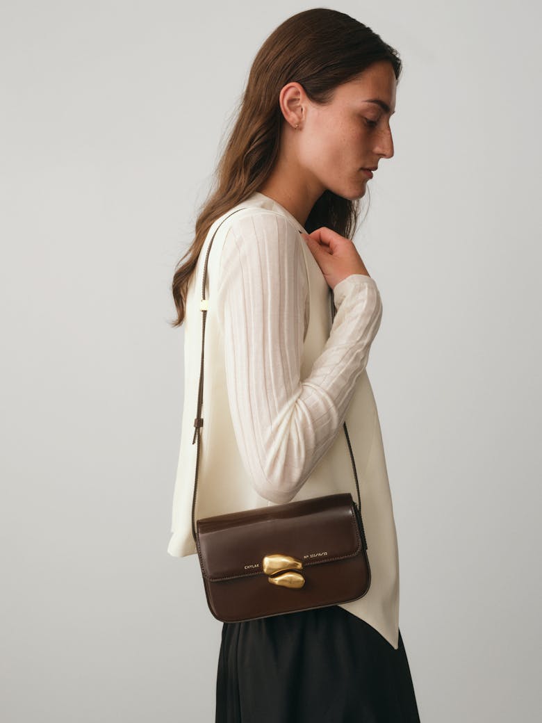 Flap Bag with Sculptural Seal “glossy brown”