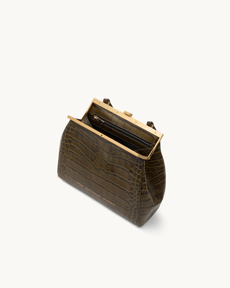 Tall “Vintage” Frame Bag “olive crocodile”