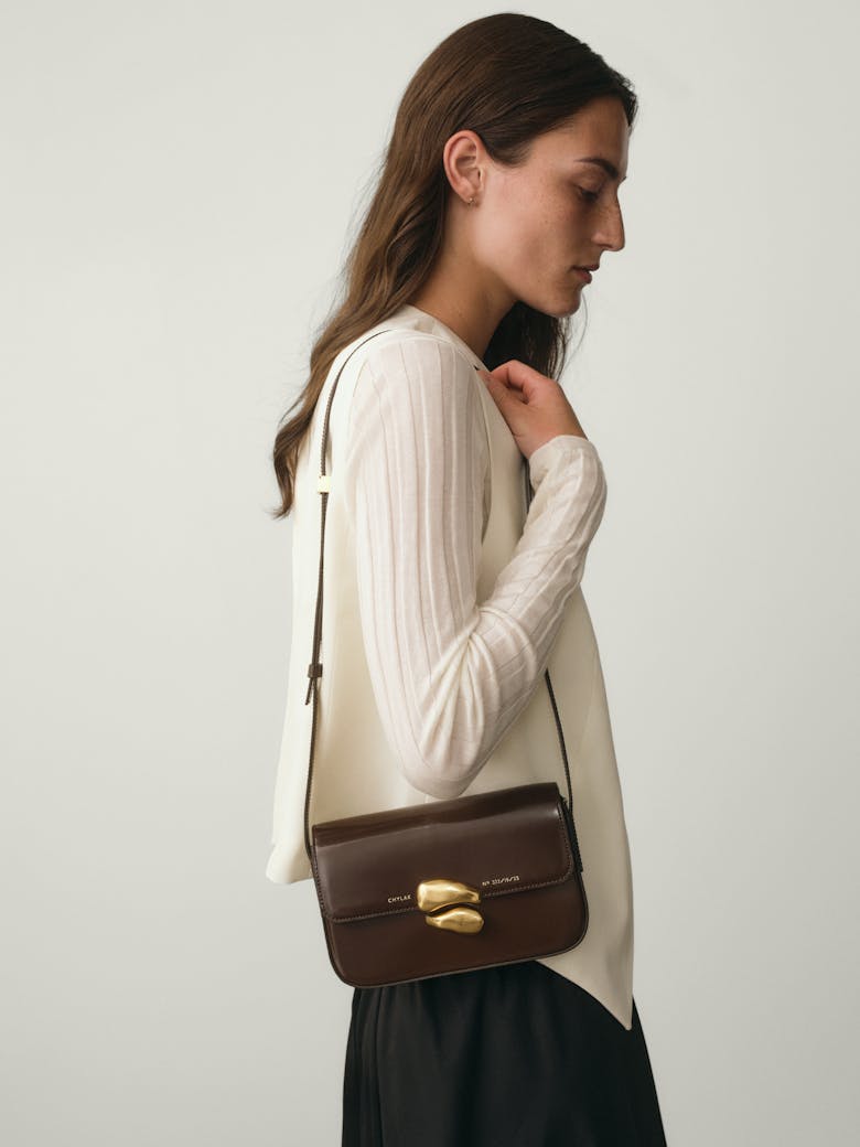 Flap Bag with Sculptural Seal “glossy brown”